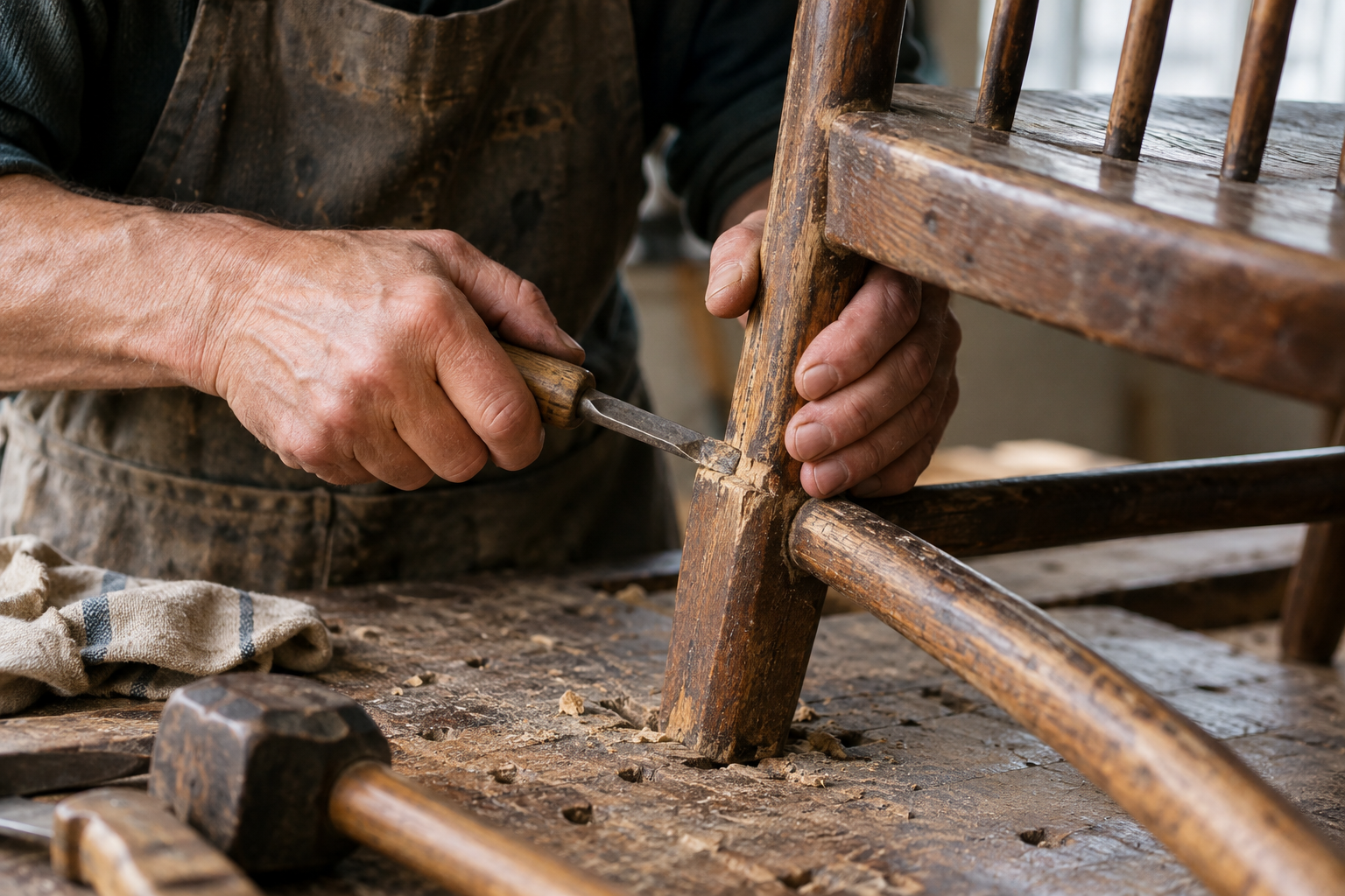 Hands carefully repairing a wooden chair