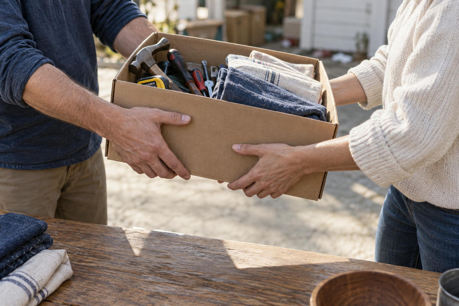Neighbors exchanging a box of tools and folded fabric